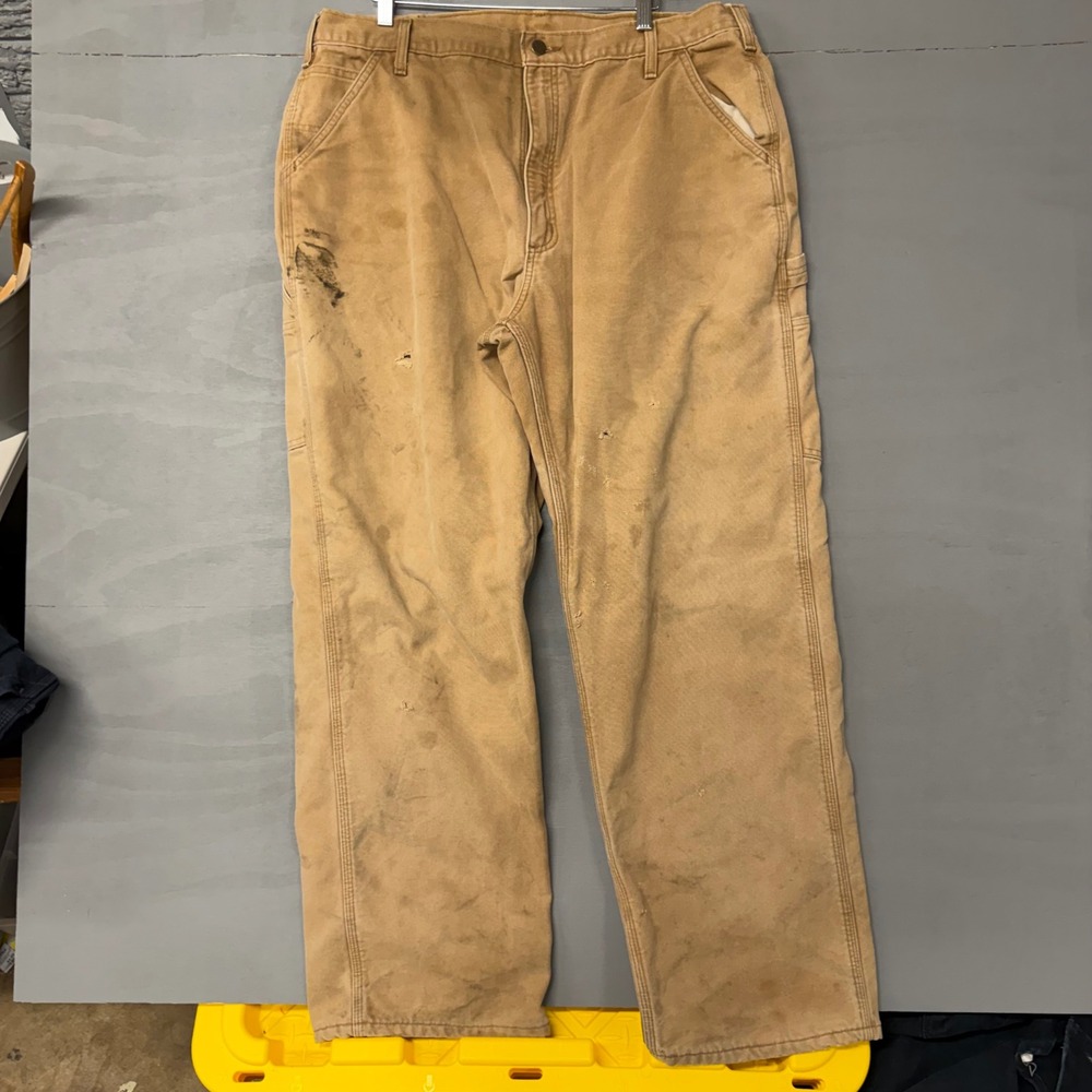 Carhartt Mens Tan Distressed Duck Canvas Carpenter Work Pants 38x30 Loose Fit - Picture 2 of 6